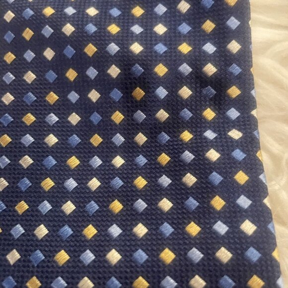 Charles Tyrwhitt Silk Tie Blue Geometric Pattern luxury Gold and Blue Squares - Picture 3 of 5